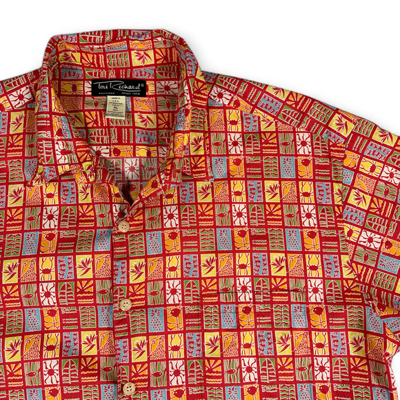 Vintage Tori Richard Hawaiian Shirt Adult EXTRA LARGE Red Aloha Geometric Fish - Picture 2 of 9